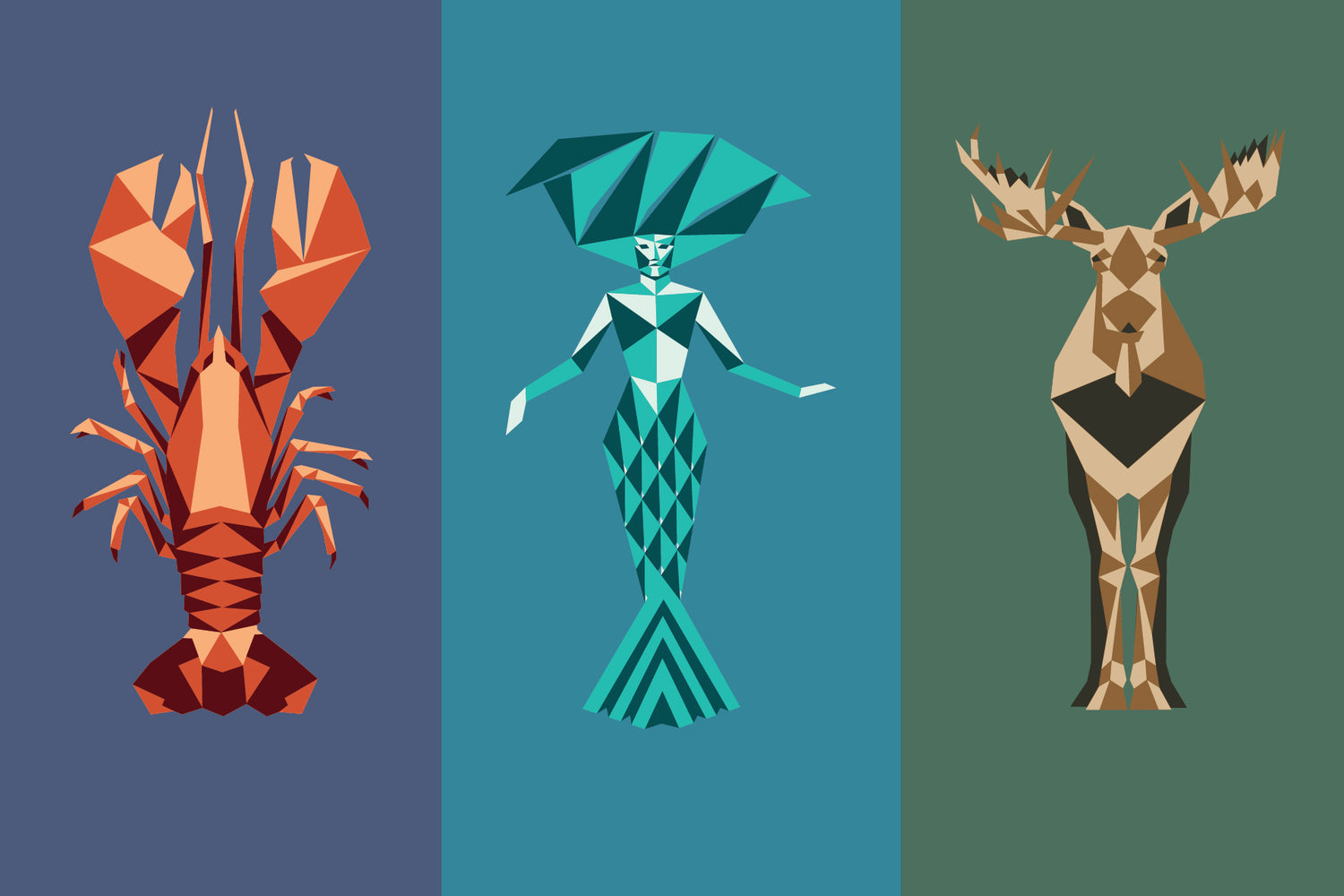 Lobster, Mermaid, Moose in simplified geometric forms and faceted shaded colors.